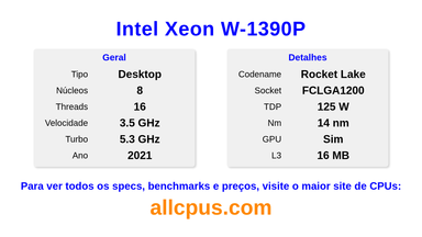 Intel Xeon W-1390P Especificações e benchmarks da CPU