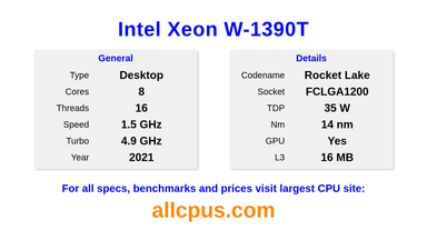 Intel Xeon W-1390T CPU Specifications and Benchmark