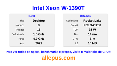 Intel Xeon W-1390T Especificações e benchmarks da CPU