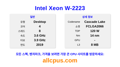 Intel Xeon W-2223 CPU 사양과 벤치마크