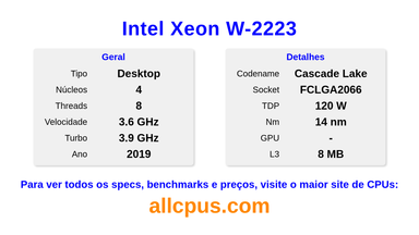 Intel Xeon W-2223 Especificações e benchmarks da CPU