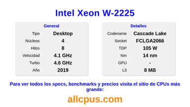 Intel Xeon W-2225 Especificaciones y benchmarks de la CPU