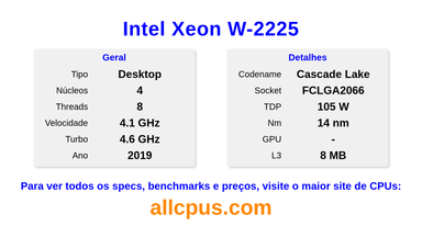 Intel Xeon W-2225 Especificações e benchmarks da CPU