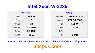Intel Xeon W-2235 Specifiche e benchmark della CPU