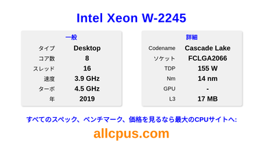 Intel Xeon W-2245 CPUの仕様とベンチマーク