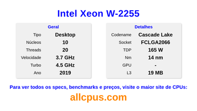 Intel Xeon W-2255 Especificações e benchmarks da CPU