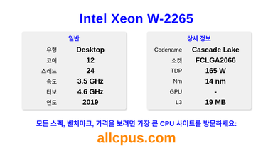 Intel Xeon W-2265 CPU 사양과 벤치마크