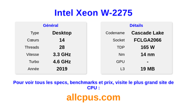 Intel Xeon W-2275 Spécifications et benchmarks du CPU