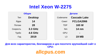 Intel Xeon W-2275 Характеристики и бенчмарки CPU