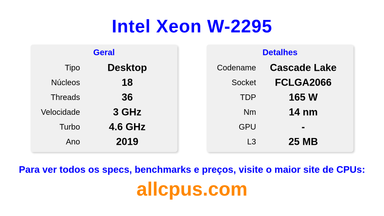 Intel Xeon W-2295 Especificações e benchmarks da CPU