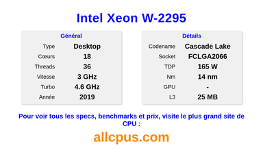Intel Xeon W-2295 Spécifications et benchmarks du CPU