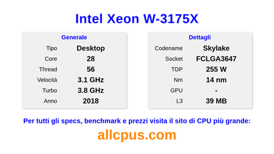 Intel Xeon W-3175X Specifiche e benchmark della CPU