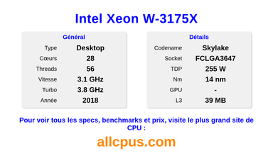 Intel Xeon W-3175X Spécifications et benchmarks du CPU