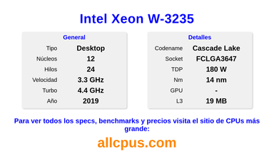 Intel Xeon W-3235 Especificaciones y benchmarks de la CPU
