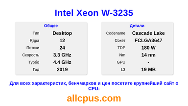 Intel Xeon W-3235 Характеристики и бенчмарки CPU