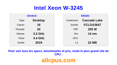 Intel Xeon W-3245 Spécifications et benchmarks du CPU