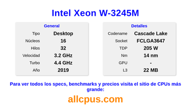 Intel Xeon W-3245M Especificaciones y benchmarks de la CPU