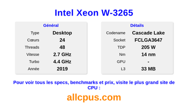 Intel Xeon W-3265 Spécifications et benchmarks du CPU