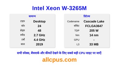 Intel Xeon W-3265M CPU की स्पेसिफिकेशन और बेंचमार्क