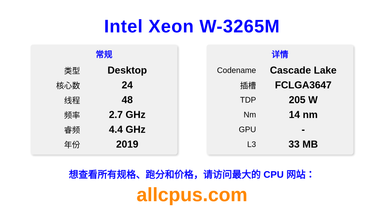 Intel Xeon W-3265M CPU 规格和跑分