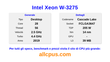 Intel Xeon W-3275 Specifiche e benchmark della CPU