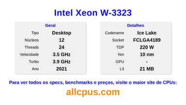 Intel Xeon W-3323 Especificações e benchmarks da CPU