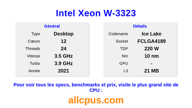 Intel Xeon W-3323 Spécifications et benchmarks du CPU