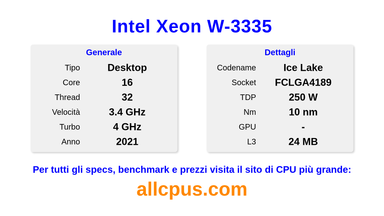 Intel Xeon W-3335 Specifiche e benchmark della CPU
