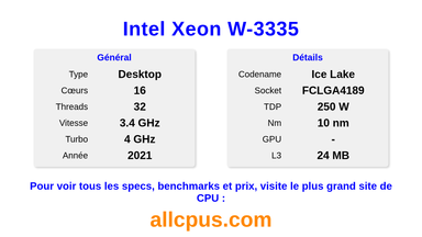 Intel Xeon W-3335 Spécifications et benchmarks du CPU