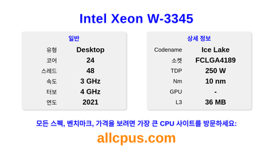 Intel Xeon W-3345 CPU 사양과 벤치마크