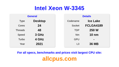 Intel Xeon W-3345 CPU Specifications and Benchmark