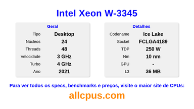 Intel Xeon W-3345 Especificações e benchmarks da CPU
