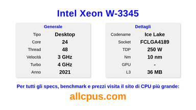 Intel Xeon W-3345 Specifiche e benchmark della CPU
