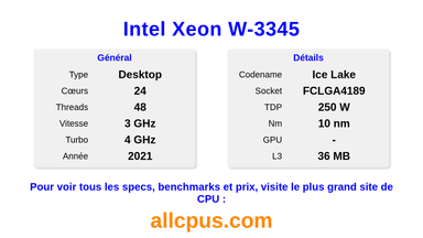 Intel Xeon W-3345 Spécifications et benchmarks du CPU