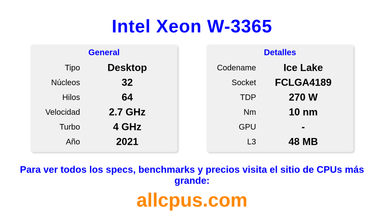 Intel Xeon W-3365 Especificaciones y benchmarks de la CPU