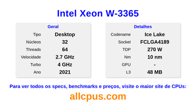 Intel Xeon W-3365 Especificações e benchmarks da CPU