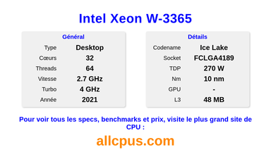 Intel Xeon W-3365 Spécifications et benchmarks du CPU