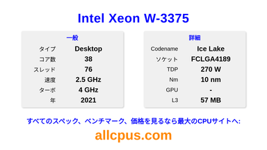 Intel Xeon W-3375 CPUの仕様とベンチマーク