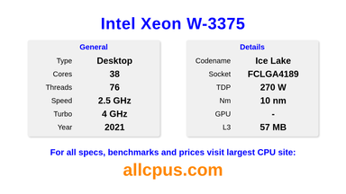 Intel Xeon W-3375 CPU Specifications and Benchmark