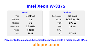 Intel Xeon W-3375 Especificações e benchmarks da CPU