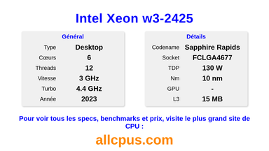 Intel Xeon w3-2425 Spécifications et benchmarks du CPU