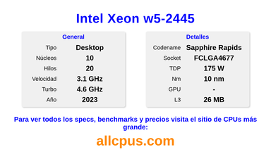 Intel Xeon w5-2445 Especificaciones y benchmarks de la CPU