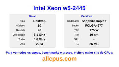 Intel Xeon w5-2445 Especificações e benchmarks da CPU