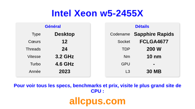 Intel Xeon w5-2455X Spécifications et benchmarks du CPU
