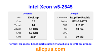 Intel Xeon w5-2545 Specifiche e benchmark della CPU