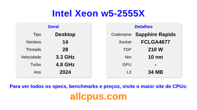 Intel Xeon w5-2555X Especificações e benchmarks da CPU