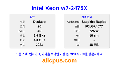 Intel Xeon w7-2475X CPU 사양과 벤치마크