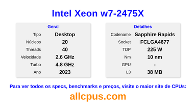 Intel Xeon w7-2475X Especificações e benchmarks da CPU