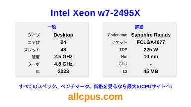 Intel Xeon w7-2495X CPUの仕様とベンチマーク