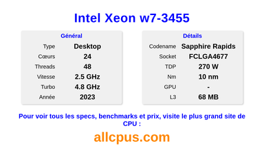 Intel Xeon w7-3455 Spécifications et benchmarks du CPU